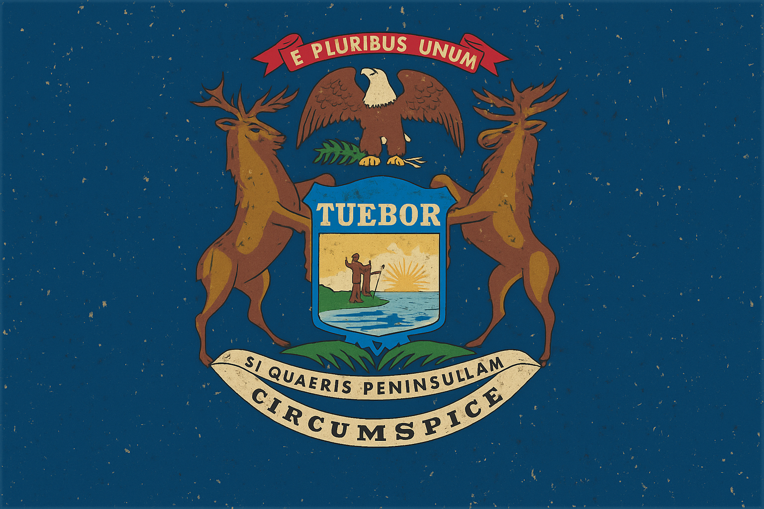 The flag of the U.S. state of Michigan with a blue background, featuring a state coat of arms showing an eagle, two elk, a shield with a man standing on a riverbank, and a ribbon with a Latin motto.