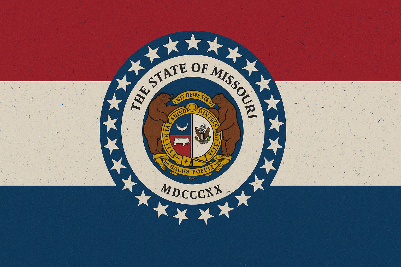 Flag of Missouri with state seal featuring two bears, a crescent moon, and various symbols, with red, white, and blue horizontal stripes.