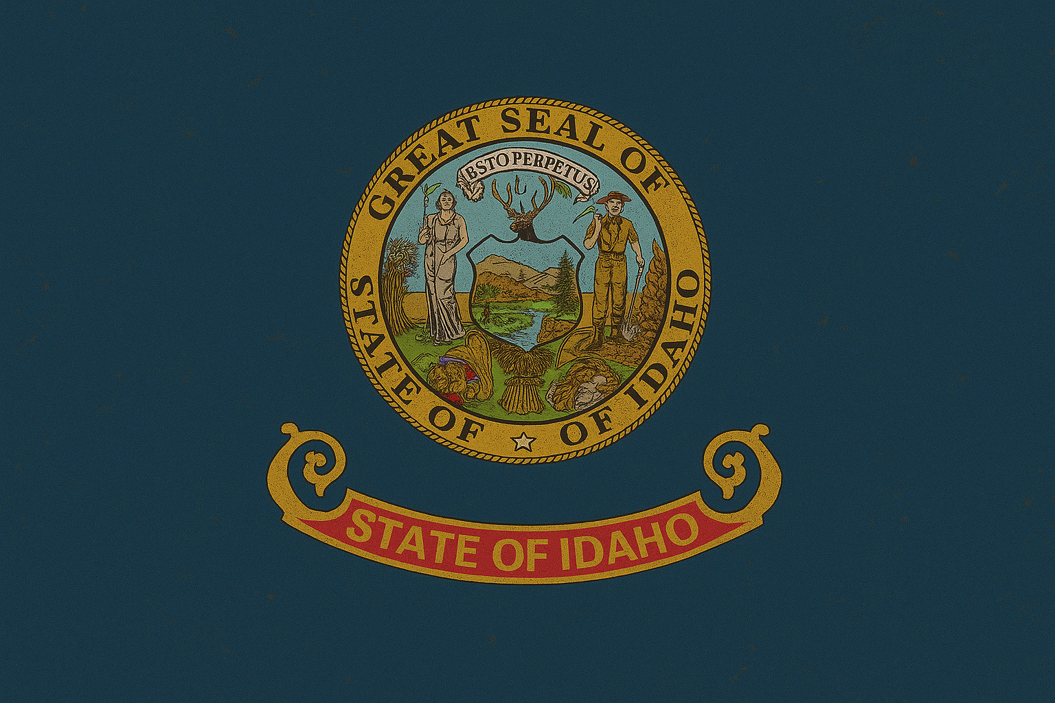 The flag of the State of Idaho with the state's seal featuring a woman, a man, and nature scenes, with the text 'Great Seal of the State of Idaho' and 'State of Idaho'.