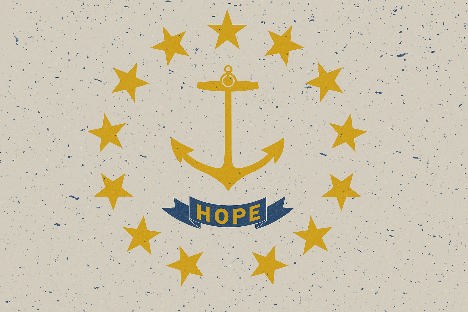 A flag-like design featuring a yellow anchor at the center, surrounded by ten yellow stars in a circular pattern, with a blue banner below the anchor displaying the word "HOPE" in yellow letters, on a speckled white background.