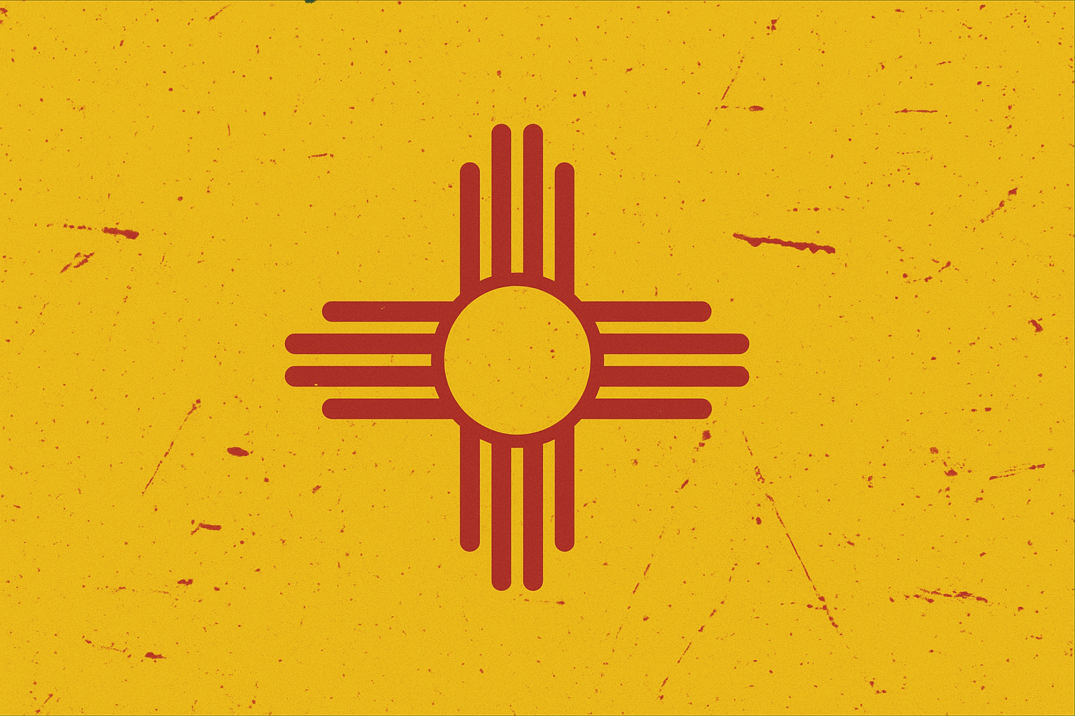 Flag of New Mexico with a yellow background, a red ring and red zia sun symbol in the center.