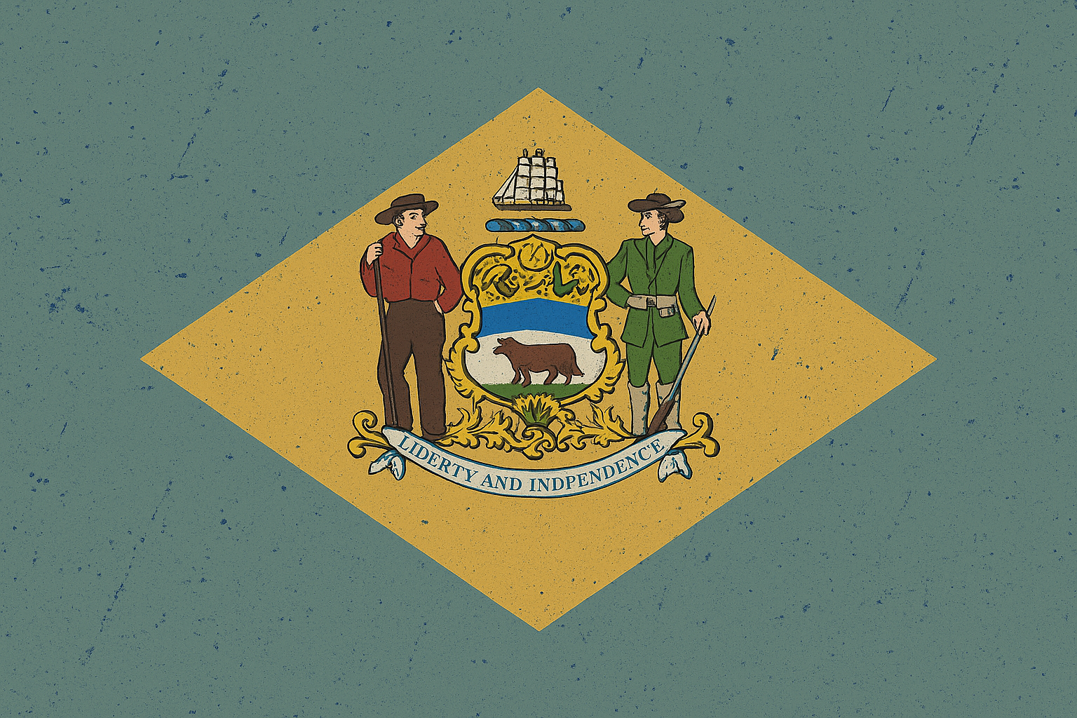 The state flag of Montana, featuring a blue background with a yellow diamond-shaped background, a coat of arms with a woman in red and a man in green holding rifles, a brown bear, a sailing ship at the top, and a banner with the words 'Liberty and Independence'.