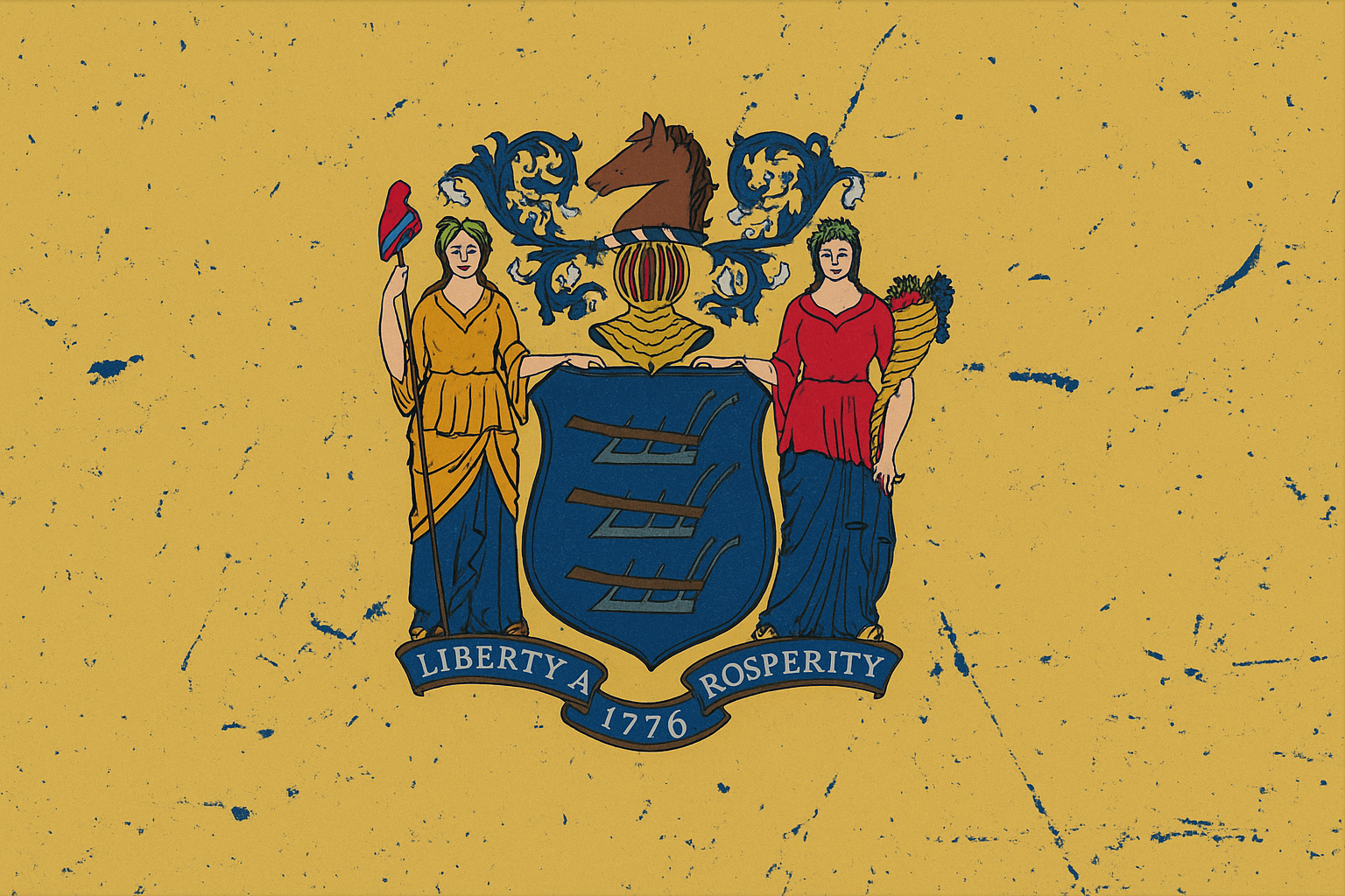 The state flag of Pennsylvania showing two female figures and a shield, with a banner reading 'Liberty and Prosperity' and the year 1776 at the bottom.