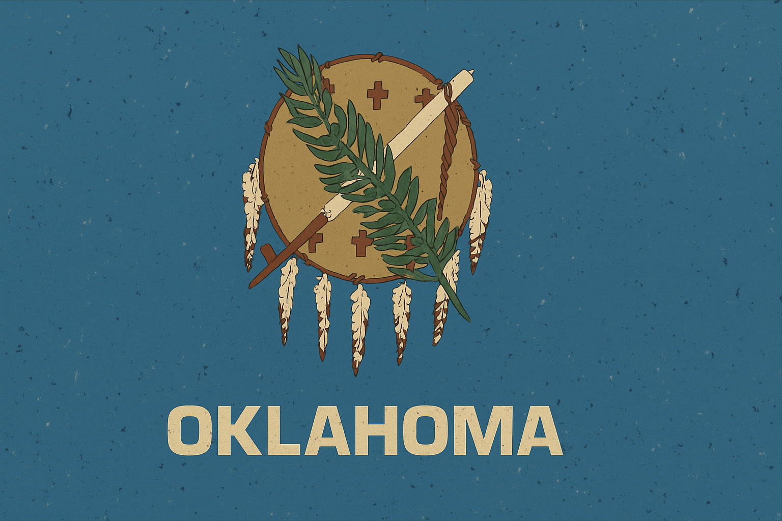 Oklahoma state flag featuring a shield with a turquoise background, a white fleur-de-lis, a bear, and a peace pipe with a native American feathered headdress, accompanied by the text 'Oklahoma'.
