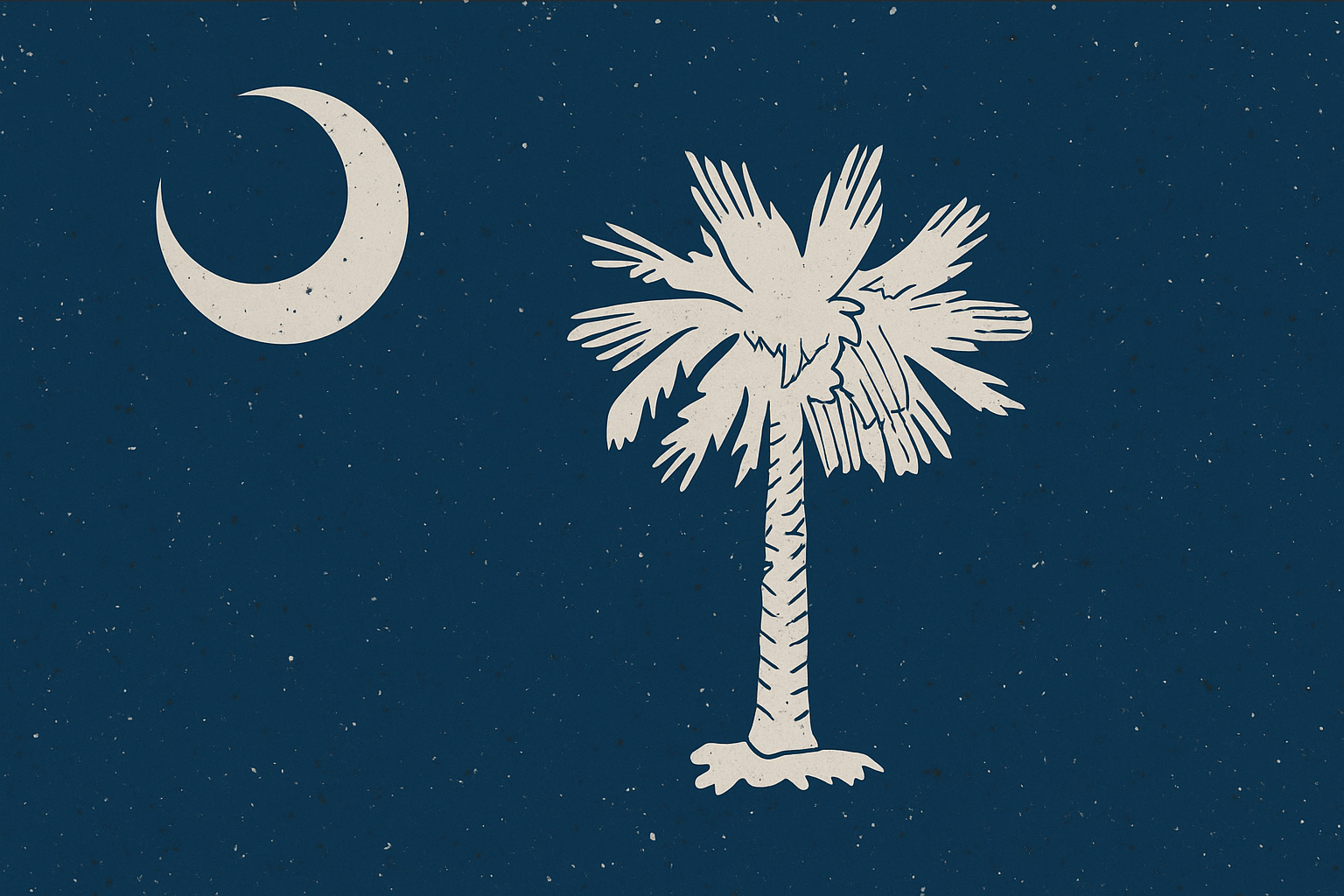 A dark blue sky with a white crescent moon in the top left corner and a white silhouette of a palm tree with a bird perched on the branches in the center.