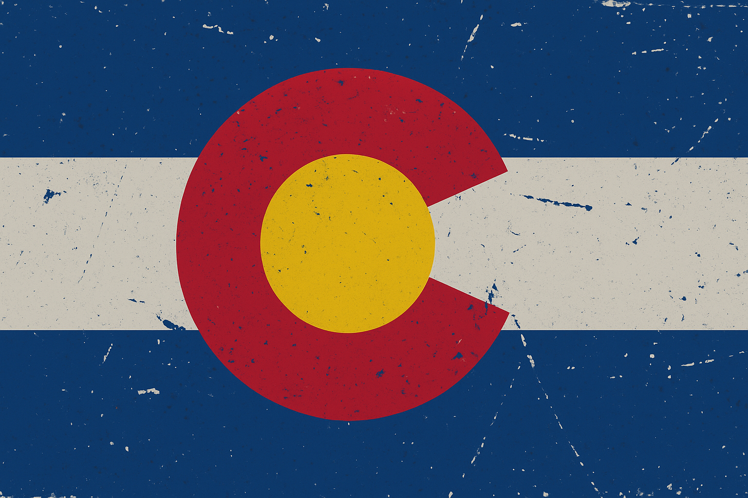 A distressed Colorado flag design with the Colorado emblem overlayed on the flag's stripes.