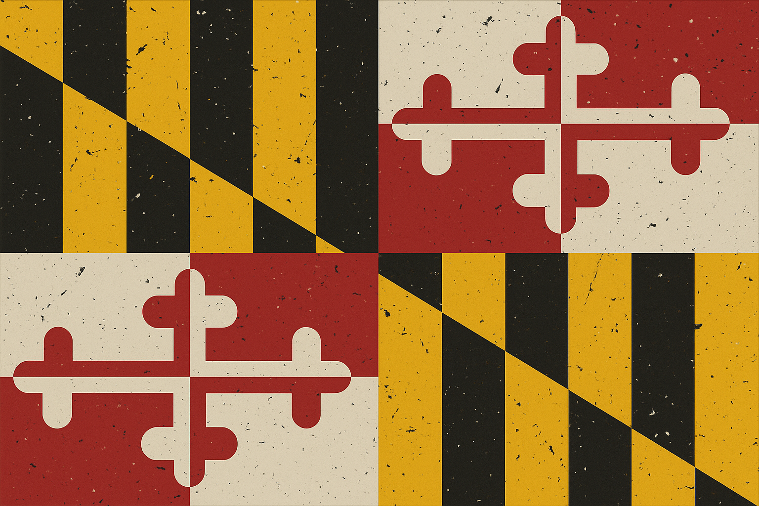 A digital illustration of the Maryland and Georgia state flags combined in a patchwork pattern with a distressed, vintage appearance.