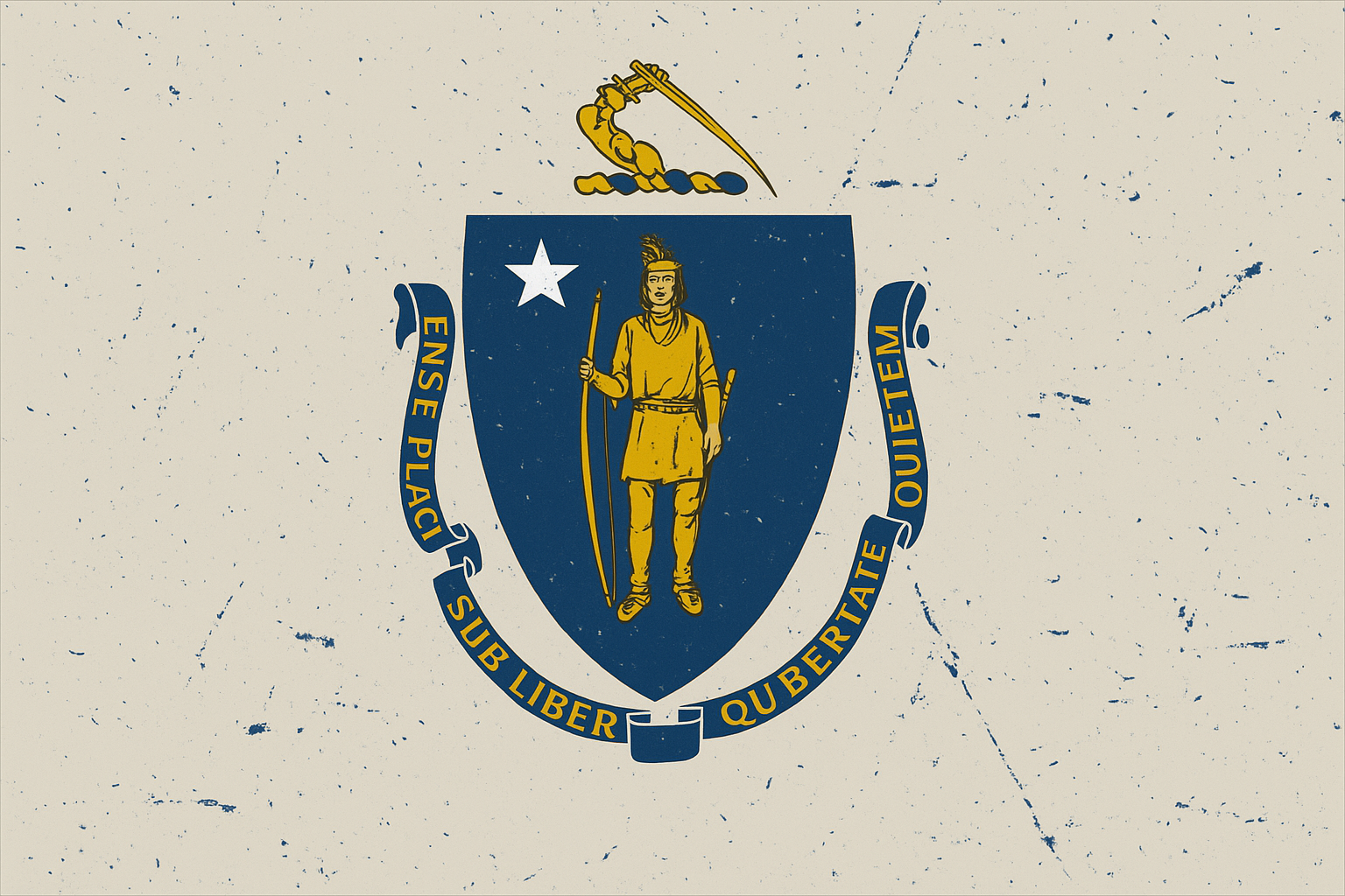 The flag of the state of Nevada, featuring a shield with a miner holding a pickaxe, a star above, and a banner with the motto 'The Silver State, Sub Lege Qubertatem Que.'