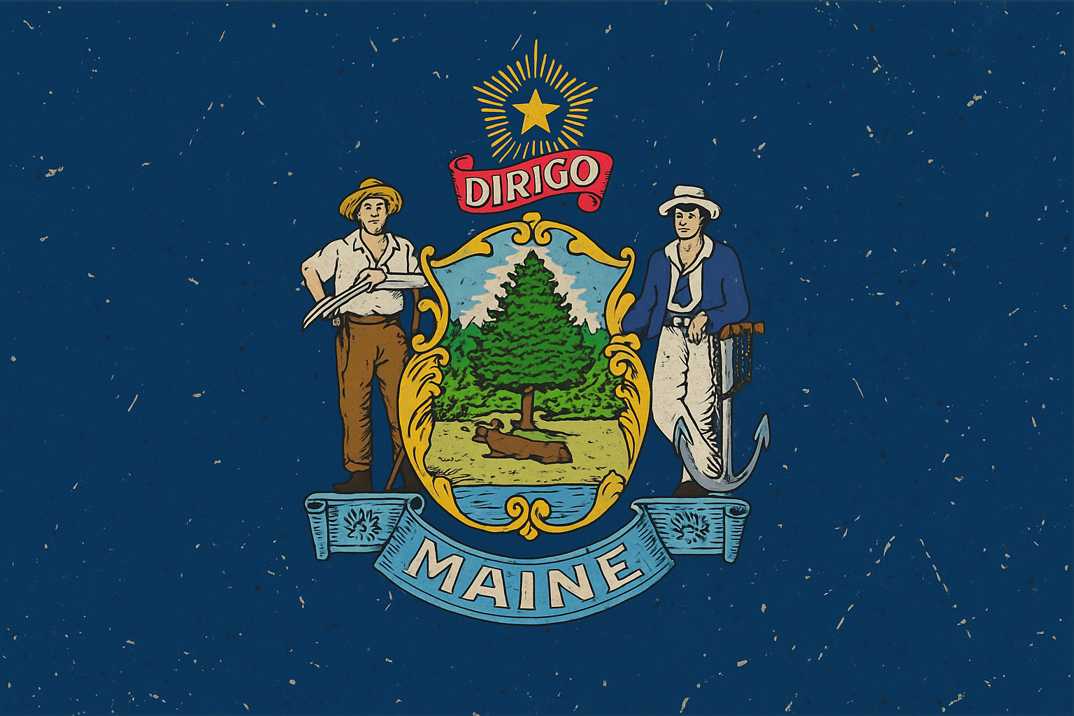 The flag of Maine featuring its state seal with a farmer holding wheat on the left, a sailor on the right, and a green pine tree in the center with a moose lying beneath it, all on a blue background.