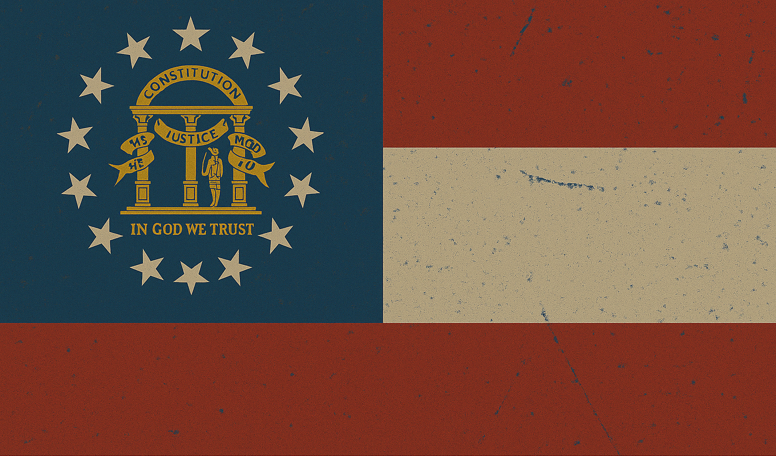 A vintage-style Georgia state flag with a blue field featuring the state seal and a red and white horizontal stripes background.