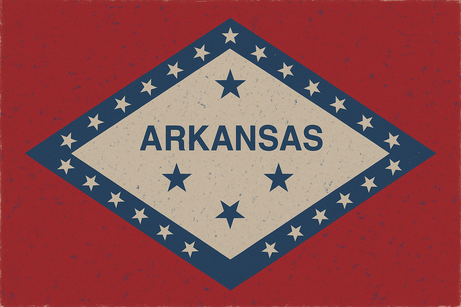 A graphic design with the word 'ARKANSAS' in the center, surrounded by stars, featuring a red, white, and blue color scheme, resembling a patriotic or state-themed emblem.