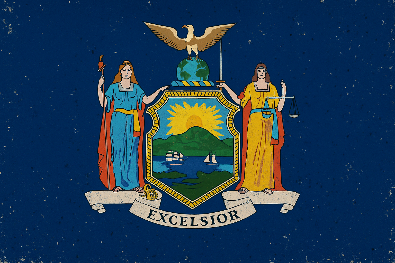 The flag of the U.S. state of Washington, featuring the state seal with a landscape, sun, and ships; surrounded by a blue background.