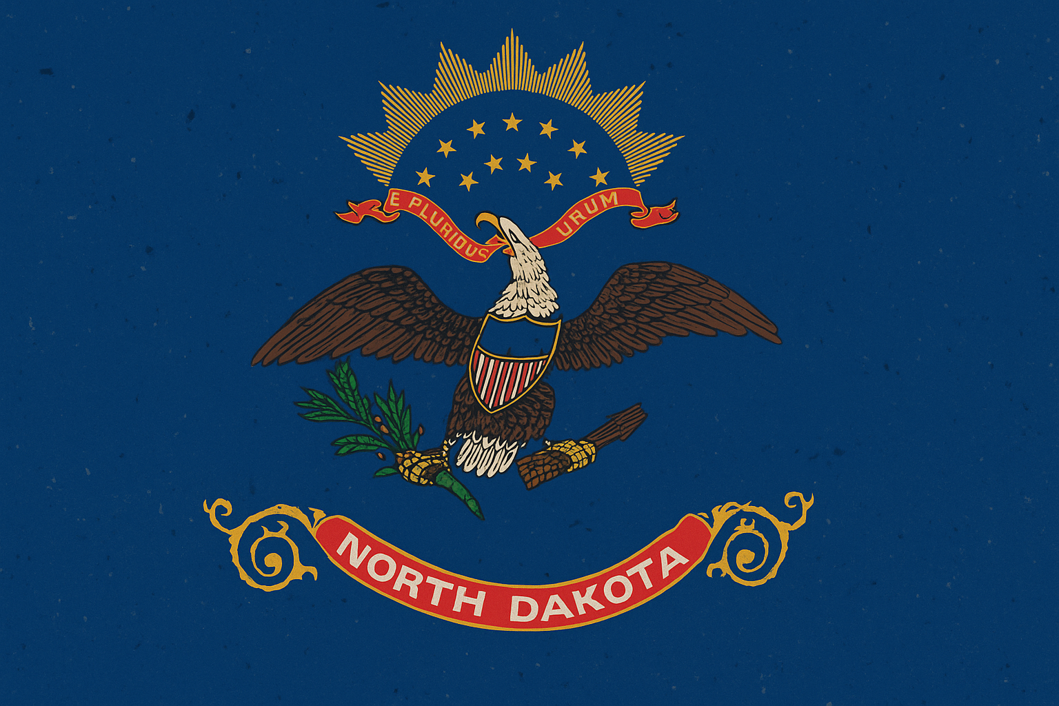 Flag of North Dakota featuring a white eagle with outstretched wings holding an olive branch and a bundle of arrows, with a blue background and a radiant sun with white stars above.