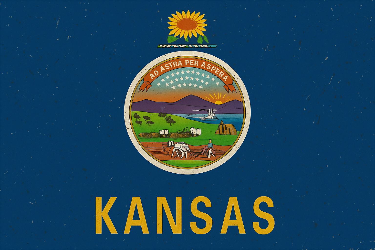 Kansas state flag featuring a blue background, the state seal depicting a sunrise over mountains, rivers, wheat, and farm workers, with the word 'KANSAS' in yellow capital letters below.