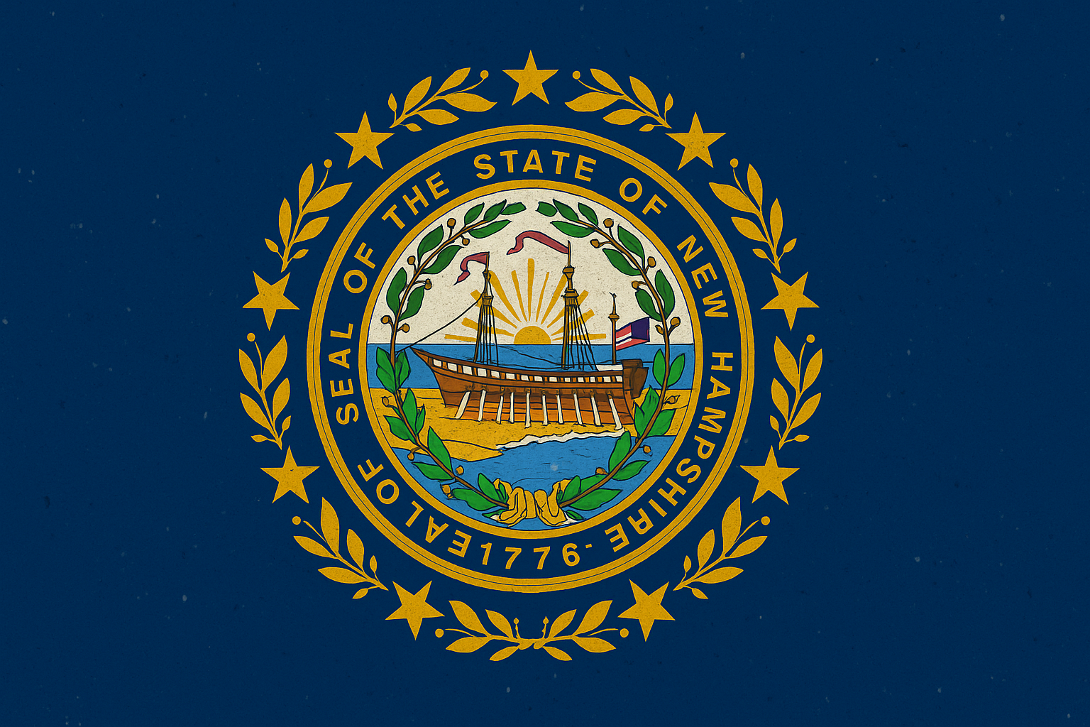 The official seal of the state of New Hampshire, featuring a ship, the sun, and laurel branches on a blue background.