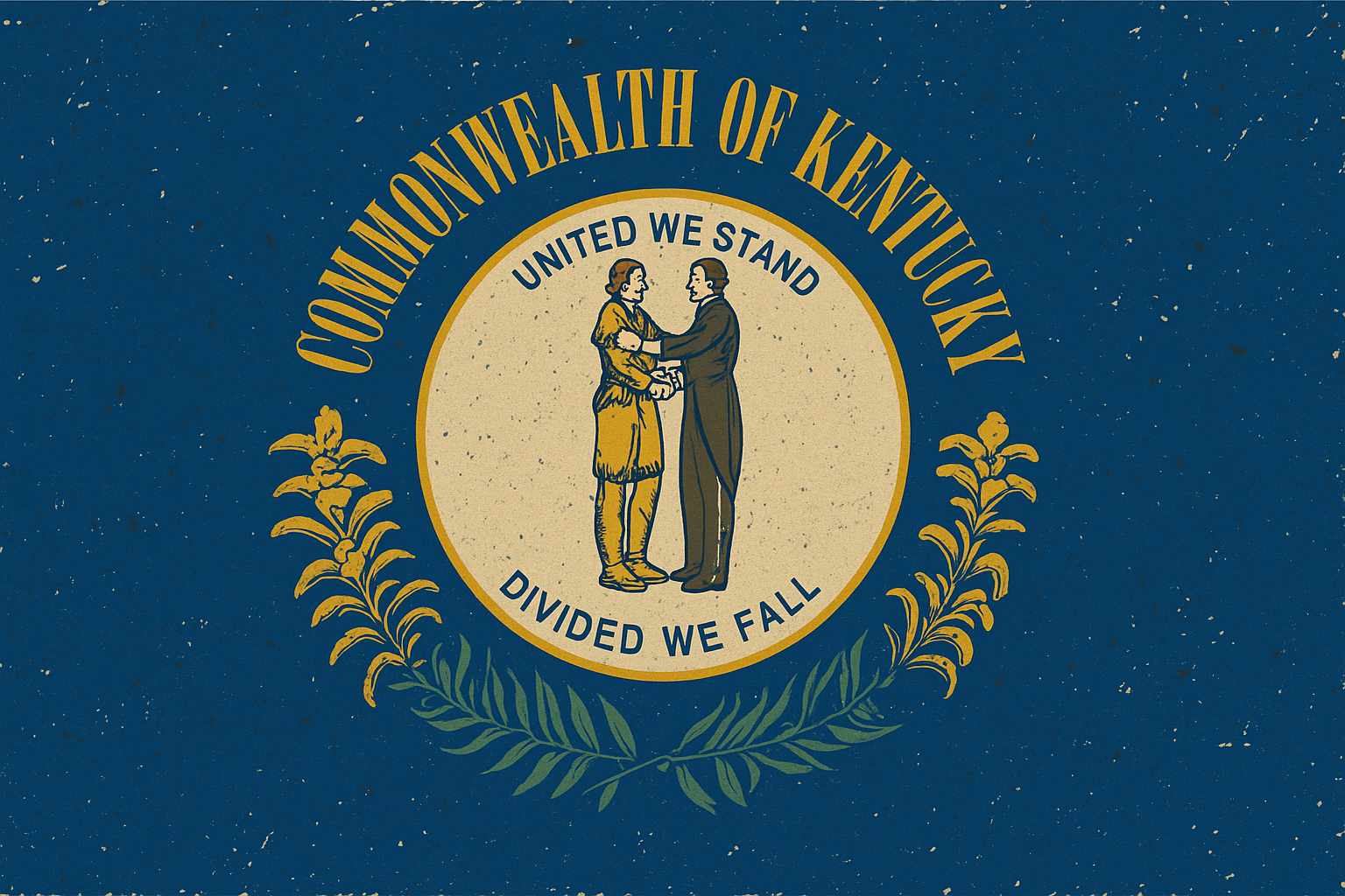 The state seal of Kentucky featuring two men shaking hands, with the words "United We Stand, Divided We Fall" and a gold wreath surrounding the figures against a dark blue background.