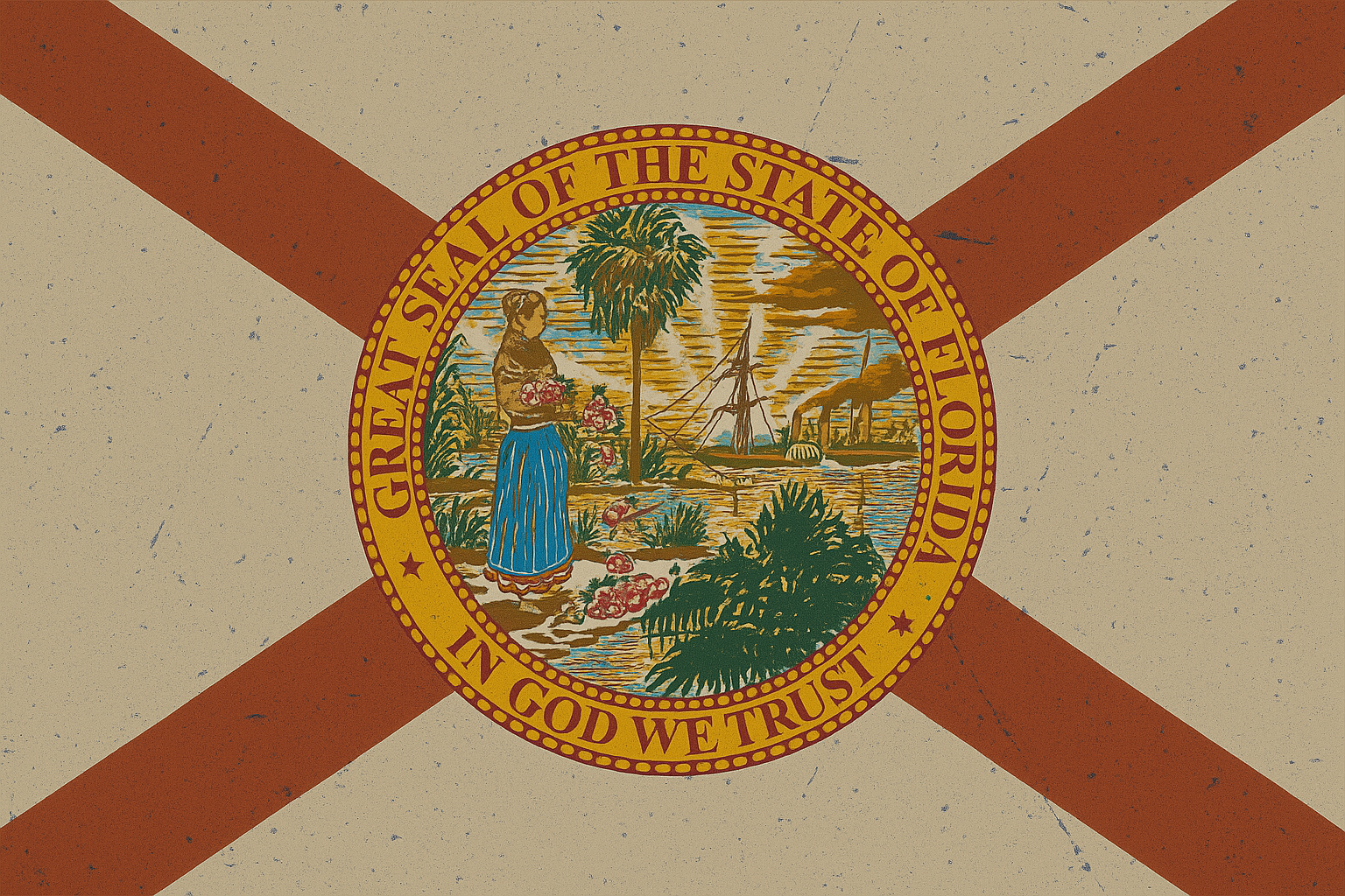The Florida state flag with a central seal depicting a Native American woman planting a garden near water, with a palm tree, a sailing ship, and a factory in the background, surrounded by the words 'Great Seal of the State of Florida' and 'In God We Trust'. The flag has a red diagonal cross on a white background.