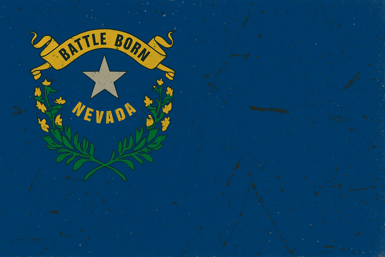 Nevada state flag with a blue background, yellow banner reading 'Battle Born,' a silver star, and green and yellow laurels.