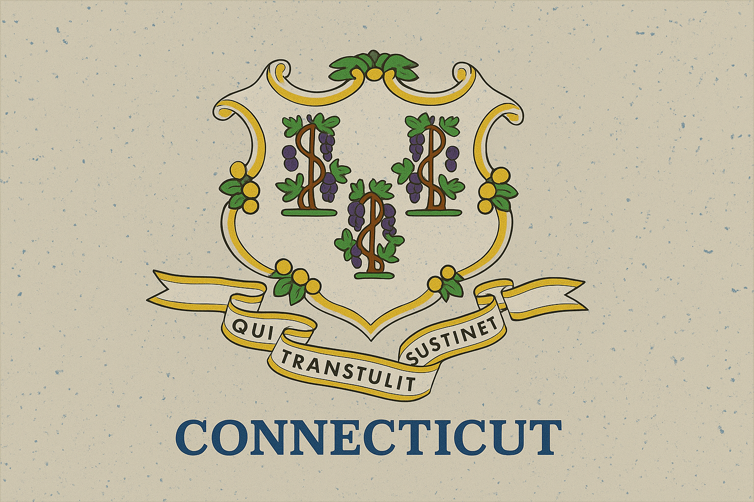 State of Connecticut seal with three grapevine symbols and the motto "Qui Transtulit Sustinet," and the word "Connecticut" below.