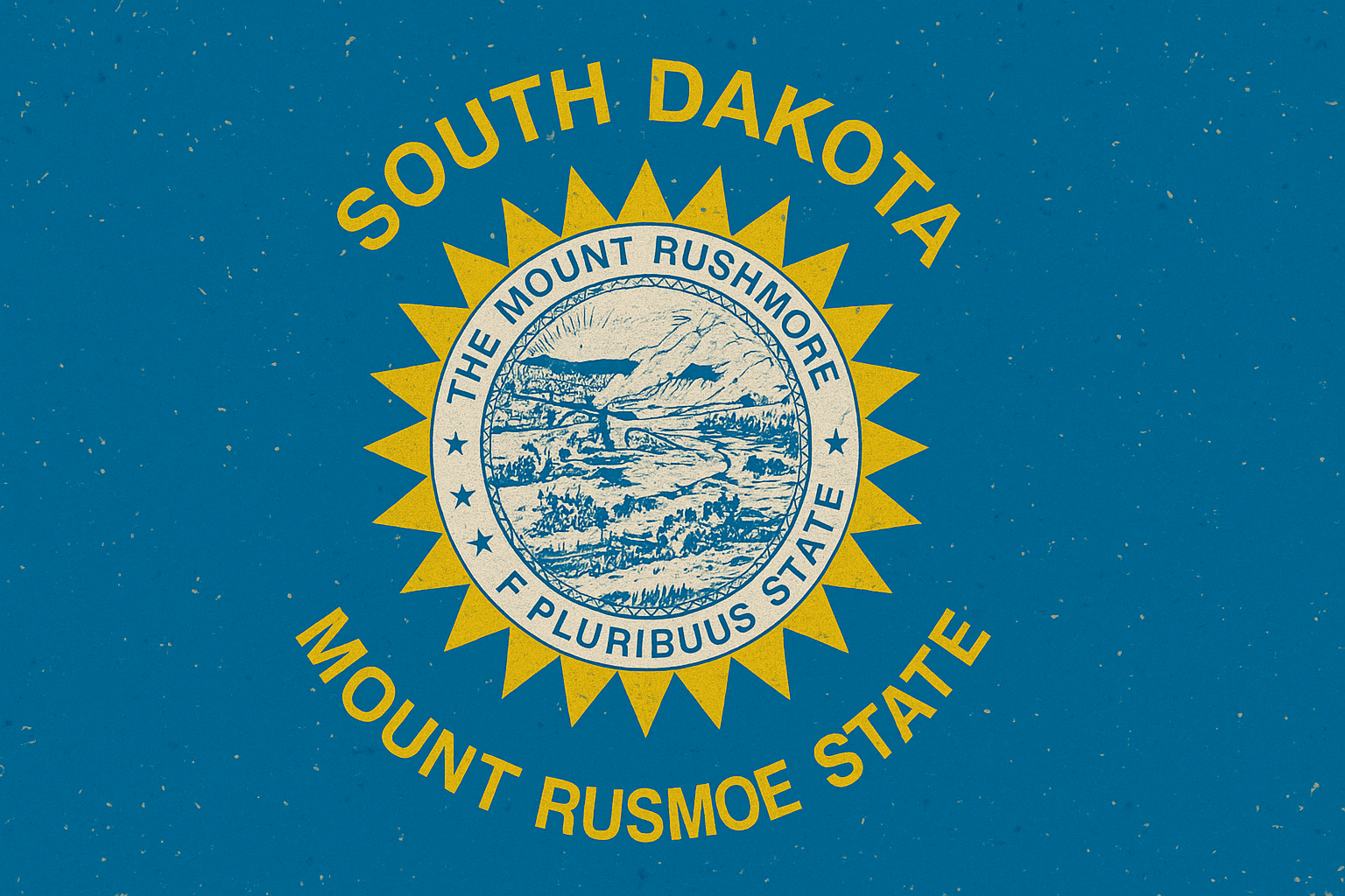 Seal of South Dakota featuring a mountain scene with a river, trees, and mountains, surrounded by the words "South Dakota" and "Mountain Rusmoe State" on a blue background.