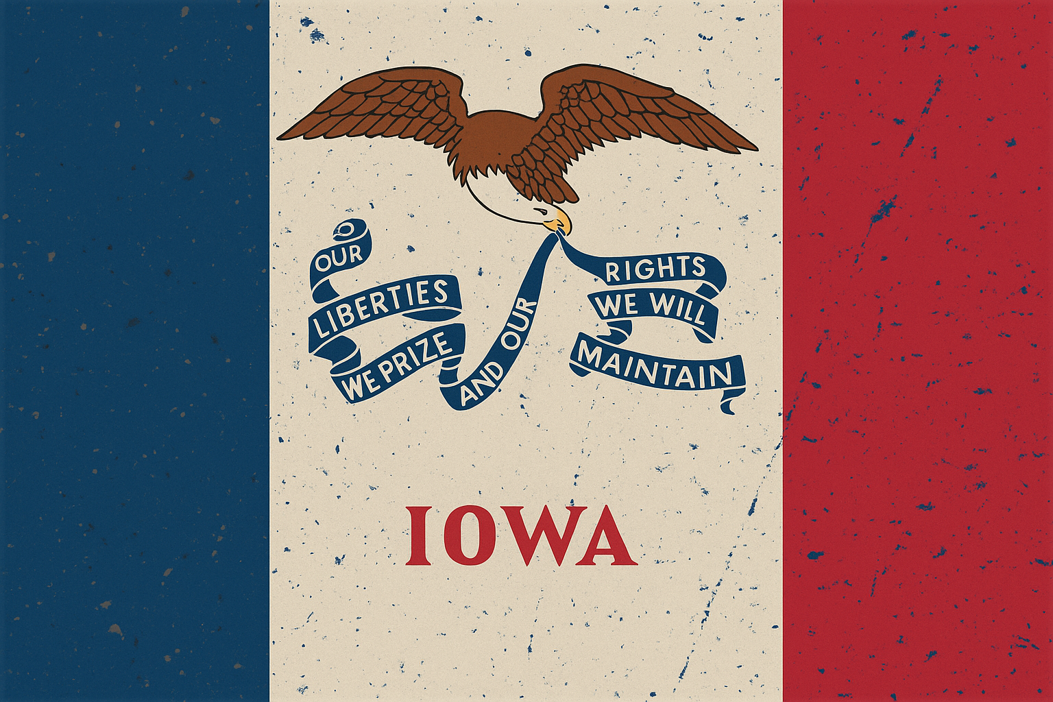 Vintage-style illustration of the Iowa state flag with an eagle holding a ribbon containing the words 'Our liberties we prize and our rights we will maintain' over a background of vertical blue, white, and red stripes.