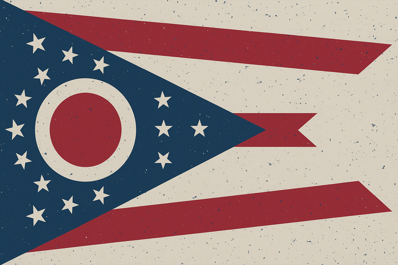 Close-up of a vintage Ohio state flag design with red, white, and blue colors, stars, and a circular emblem in the center.