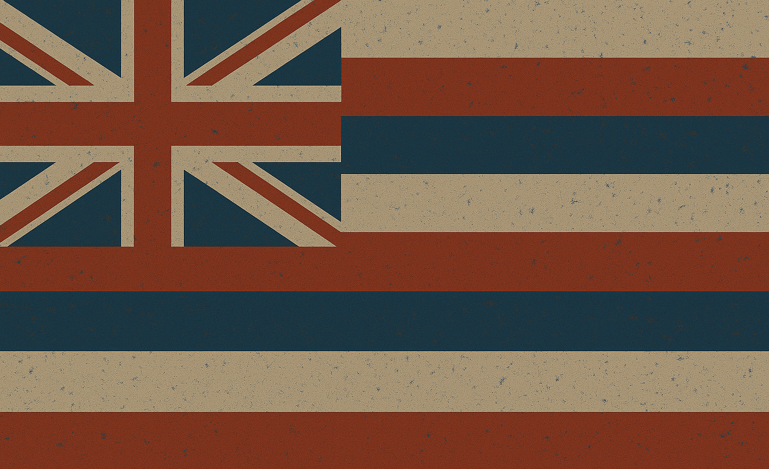 Old, vintage-style Hawaiian flag with a Union Jack in the upper left corner and horizontal red, white, and blue stripes.