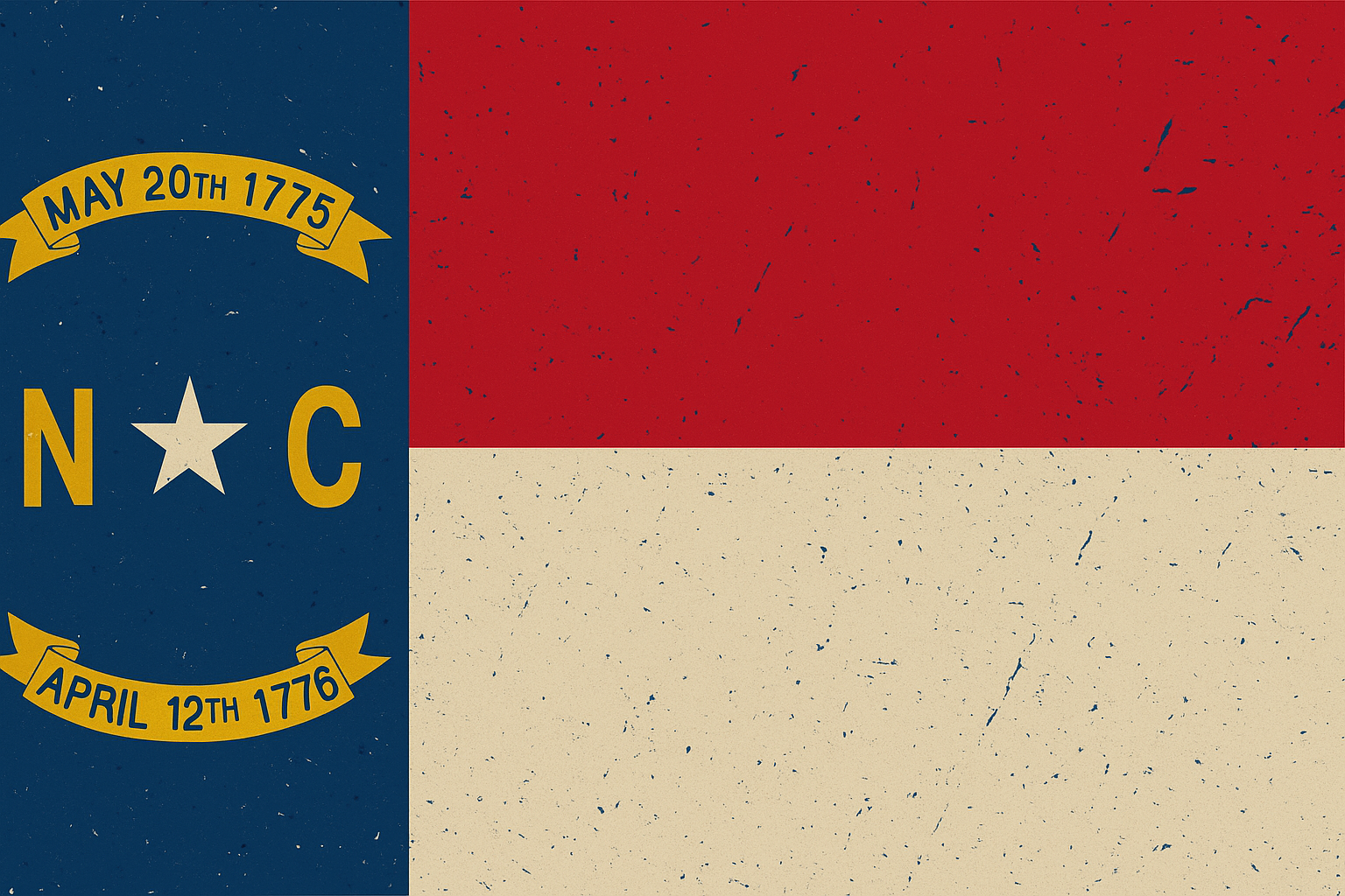 A vintage-style American flag with a blue canton featuring a white star and yellow dates 'May 20th 1775' and 'April 12th 1776', and red and white stripes.