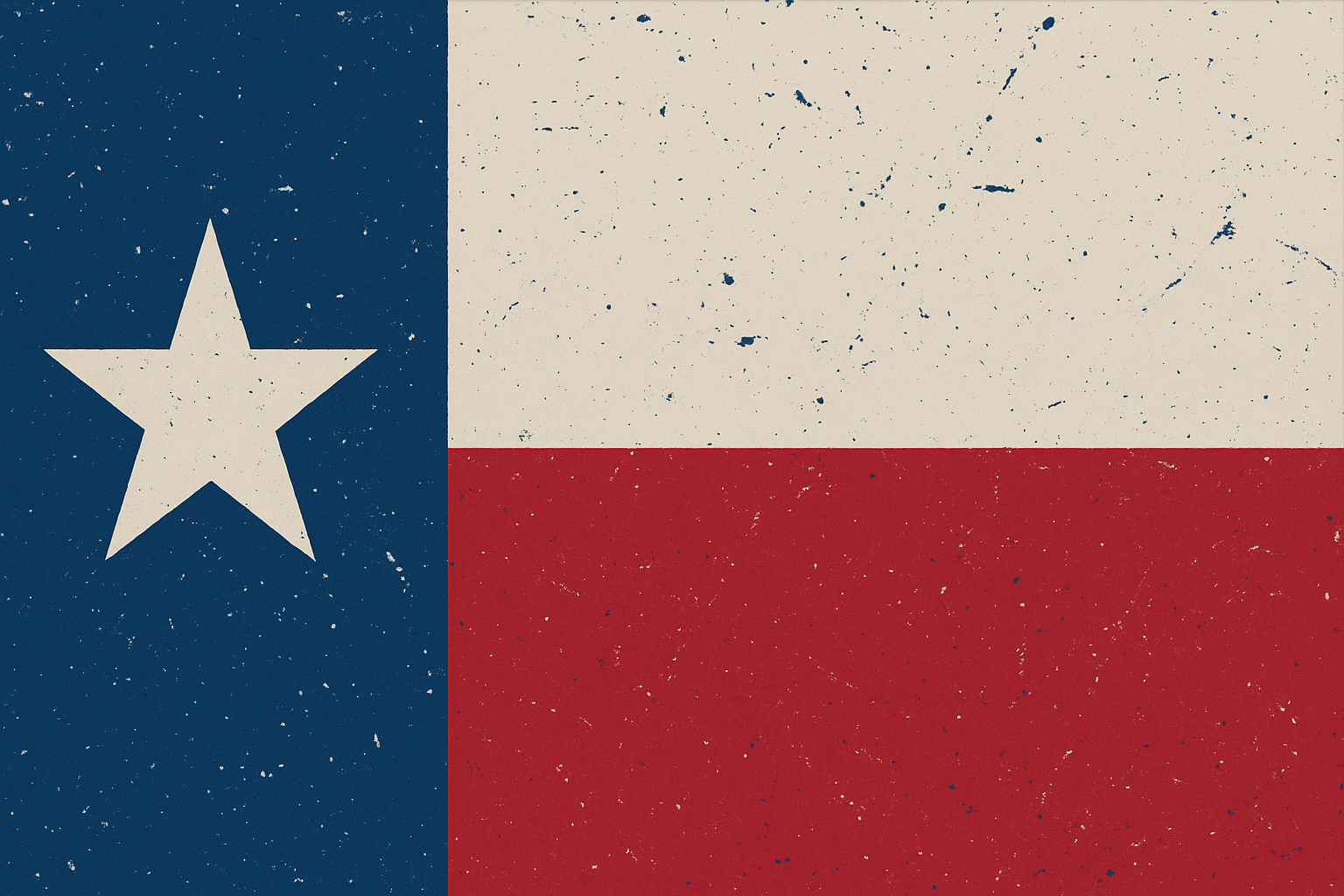 The Texas flag featuring a large white star on a blue vertical stripe on the left, and horizontal white and red stripes on the right with a distressed, speckled appearance.