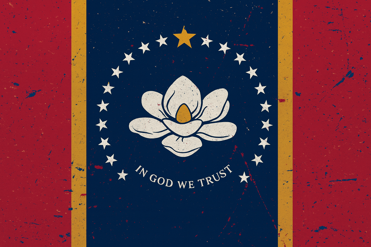 The image displays a stylized version of the Georgia state flag, featuring a blue field with a white magnolia flower and the phrase "IN GOD WE TRUST" beneath it. The flag has red and yellow vertical stripes on the sides, with a distressed texture.