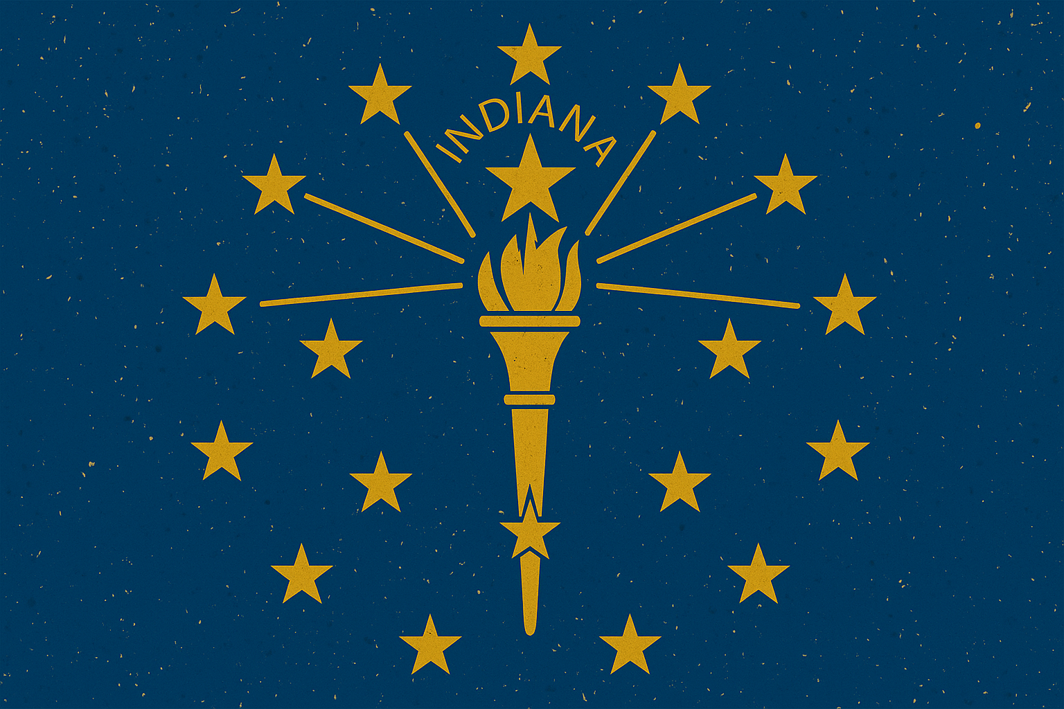 A stylized illustration of the Indiana state flag featuring a gold torch surrounded by stars on a blue background with speckled gold accents.