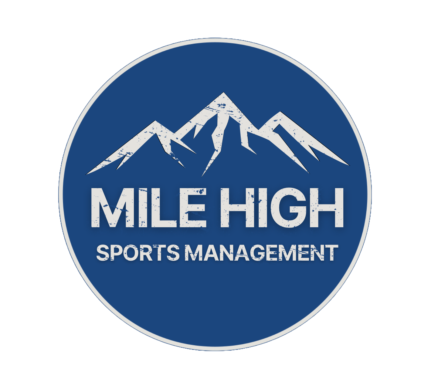 Logo for Mile High Sports Management featuring a mountain with snow-capped peaks, with the company name in distressed white text on a blue background.