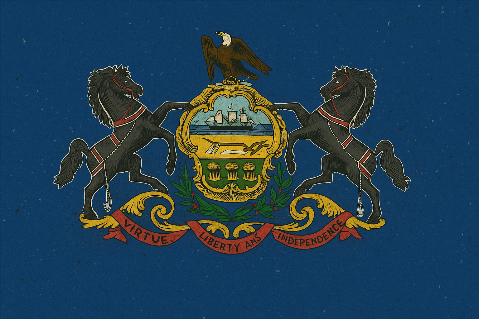 The flag of the state of Michigan, featuring a blue background with the state coat of arms in the center, showing a shield with a sailing ship, a man with a gun, and a moose, topped by an eagle, with a ribbon at the bottom reading 'Virtue, Liberty, and Independence'.
