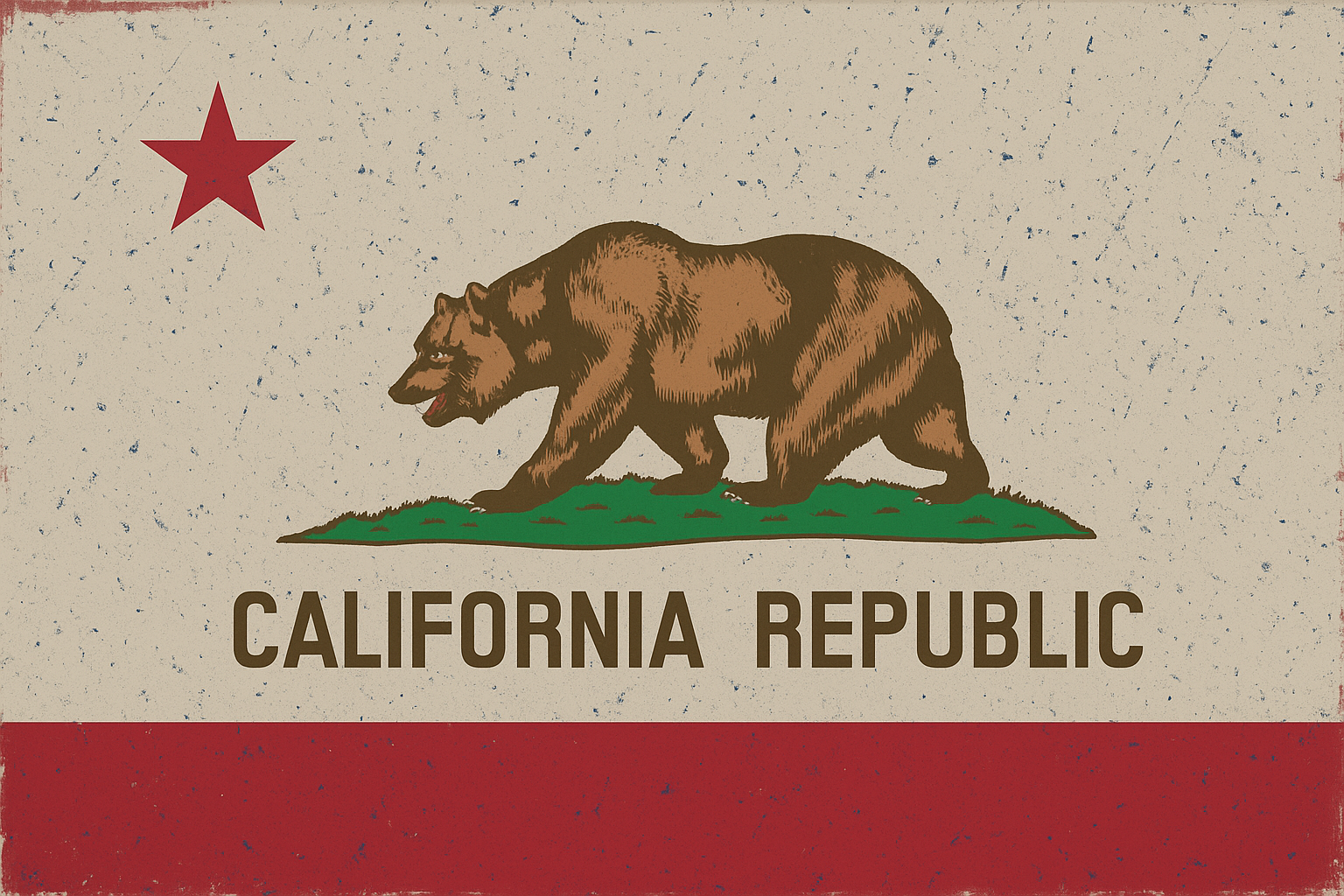 Vintage-style illustration of the California state flag featuring a brown bear walking on green grass, a red star in the top left corner, and the text 'California Republic' at the bottom.