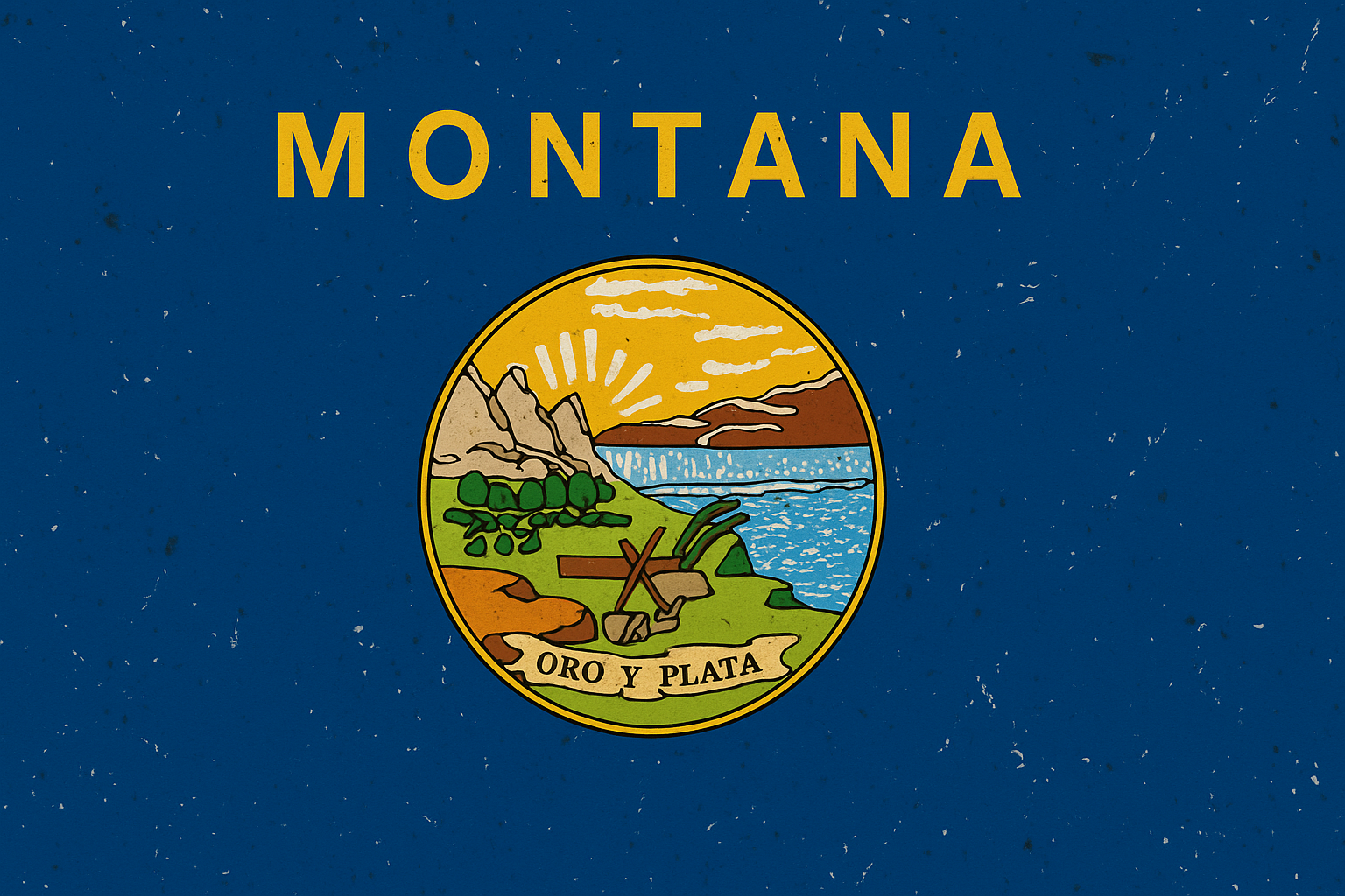 Montana state flag featuring a circular emblem with mountains, a river, a sunrise, green fields, and a banner reading 'Oro y Plata' on a blue background.