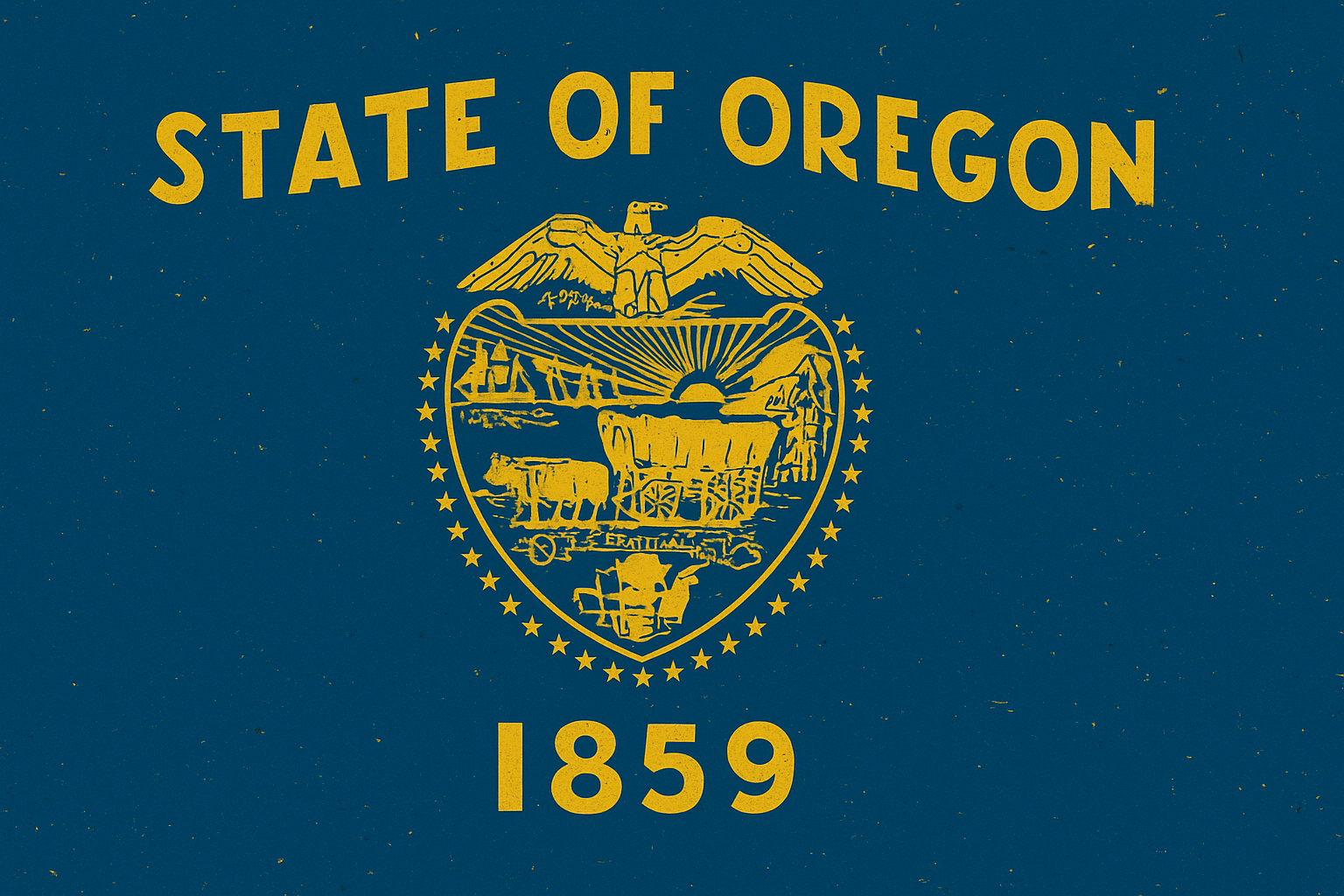 Oregon state flag with the state seal and the words 'State of Oregon 1859' in yellow on a blue background.