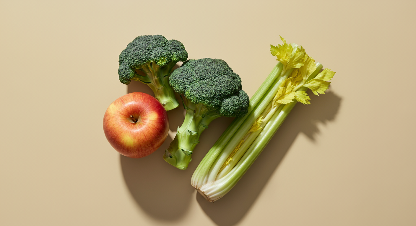 Apple, broccoli, celery stalks, and celery leaves on a beige background.