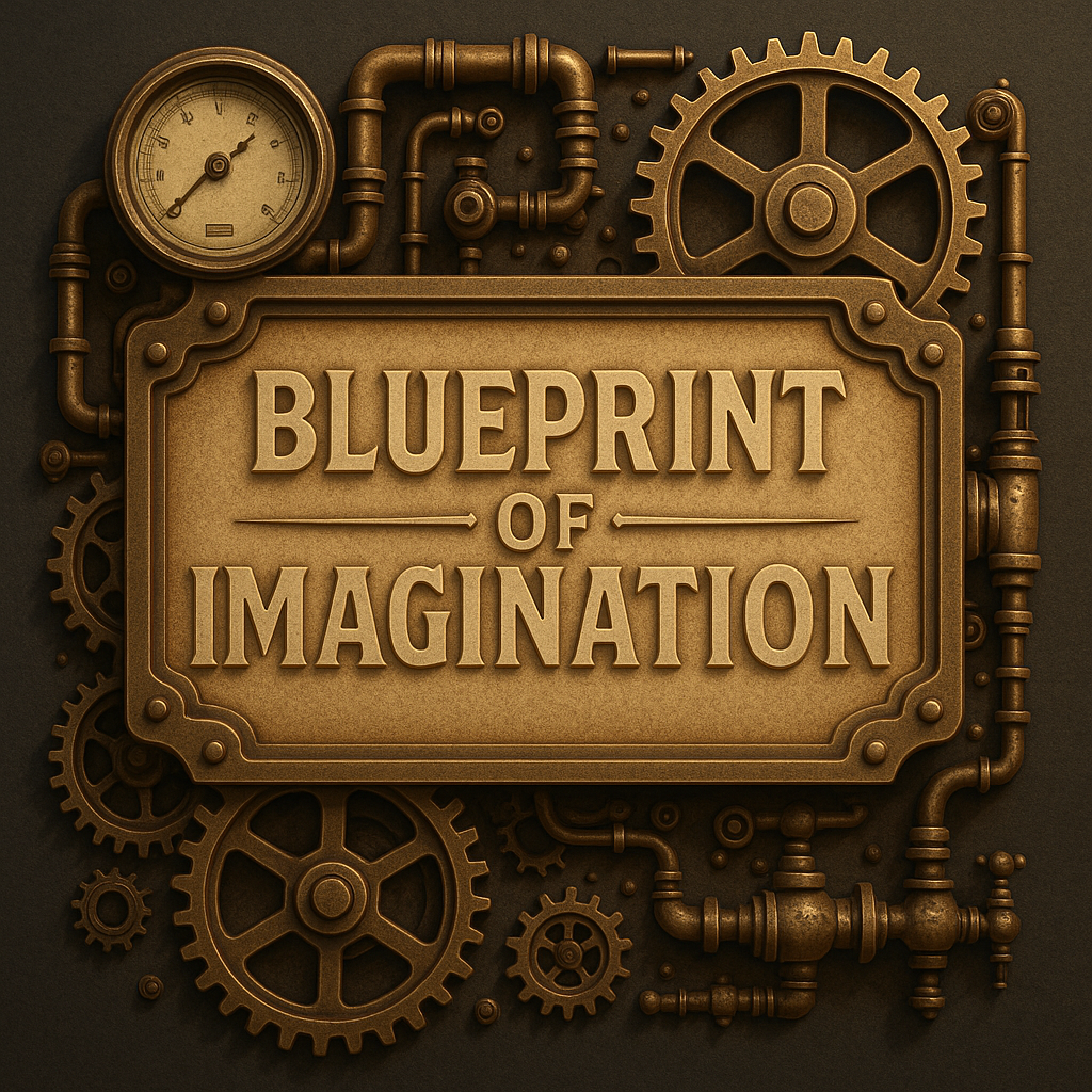 A steampunk-style sign with the words 'Blueprint of Imagination' surrounded by gears, pipes, and a pressure gauge.
