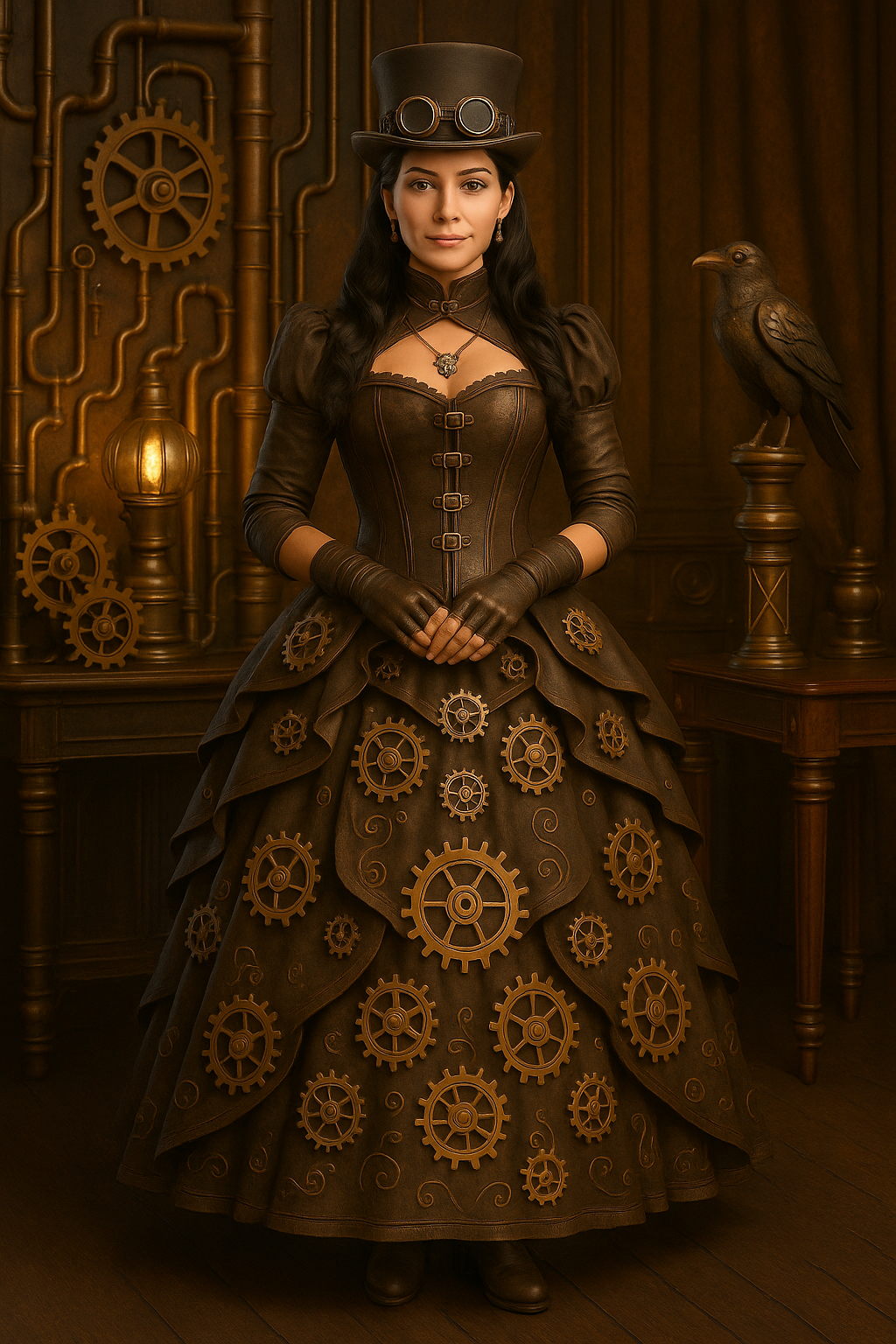 A woman dressed in steampunk attire, wearing a brown corset and a full skirt decorated with gears, standing in a Victorian-style room with wooden walls, gears, pipes, and a bird sculpture.
