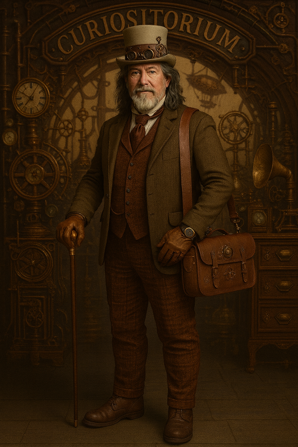 A man dressed in vintage steampunk attire with a top hat, brown coat, vest, and gloves, standing in front of a backdrop with the word 'Curiositorium' and various gears and clockwork mechanisms, holding a cane and carrying a leather satchel.