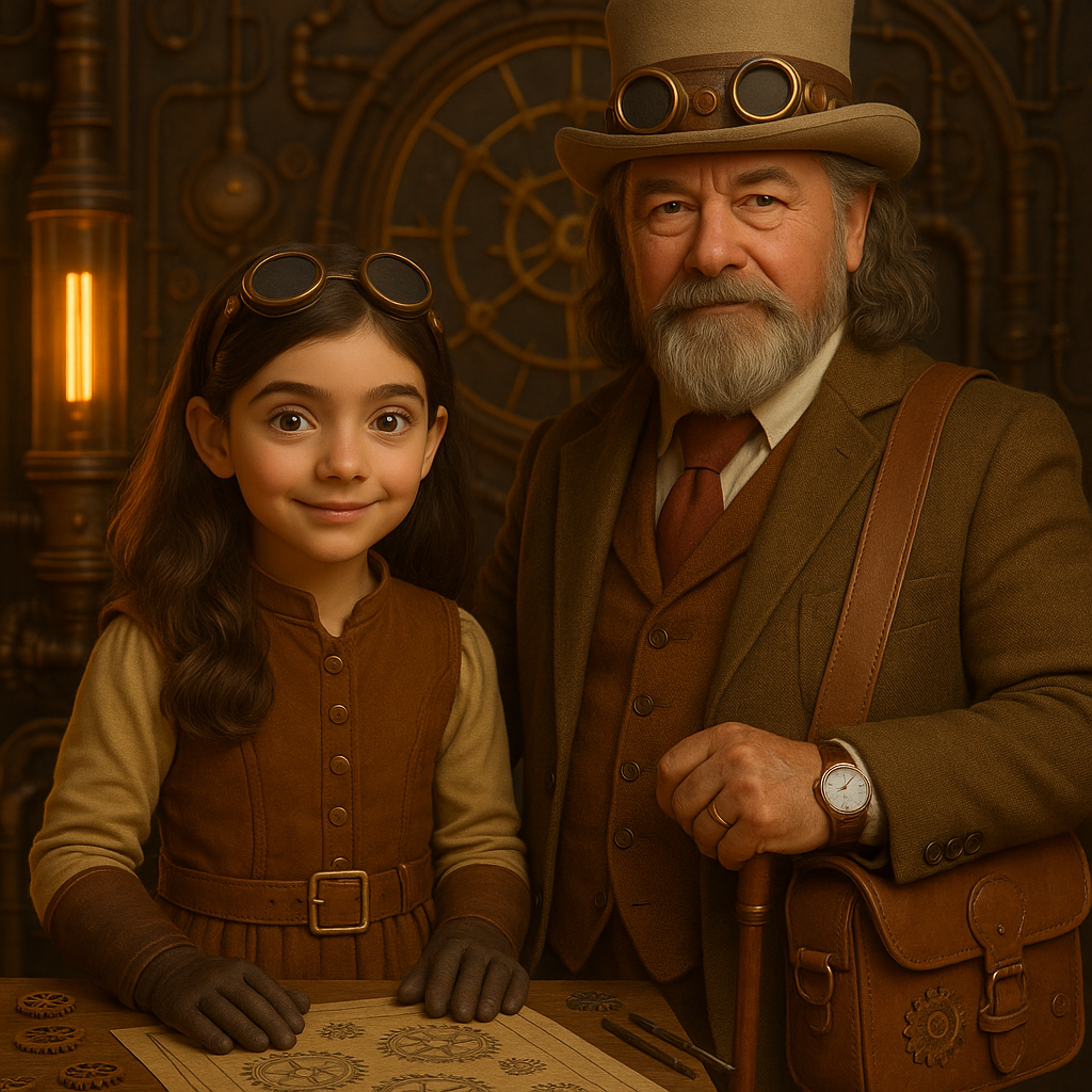 A young girl and an older man dressed in steampunk-inspired attire, standing in front of a clockwork background. The girl has long brown hair, goggles on her head, and is wearing brown gloves and a brown dress with vintage style. The man has long gray hair, a beard, goggles on his hat, a brown suit, and a leather satchel. They are smiling and standing close together, with the girl on the left and the man on the right.