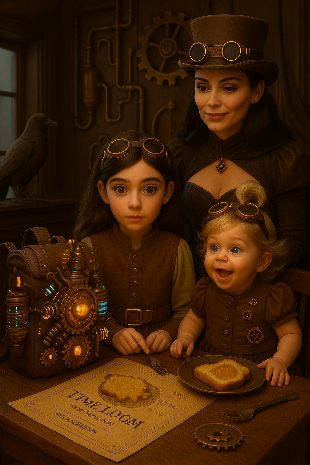 Three women in steampunk attire, including goggles and top hats, pose in a room with steampunk decor. The woman on top is standing behind two children, one with long dark hair and the other with curly blonde hair. The children are sitting at a table with vintage style toast on plates and a steampunk-inspired bag. A paper on the table reads 'Welcome to' with an illustration of toast. A bird and gears are in background.