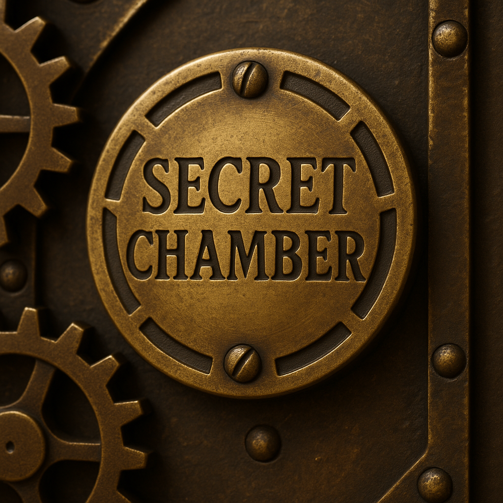 Close-up of a metallic sign that reads 'Secret Chamber' with gears around it, resembling a hidden compartment or vault.