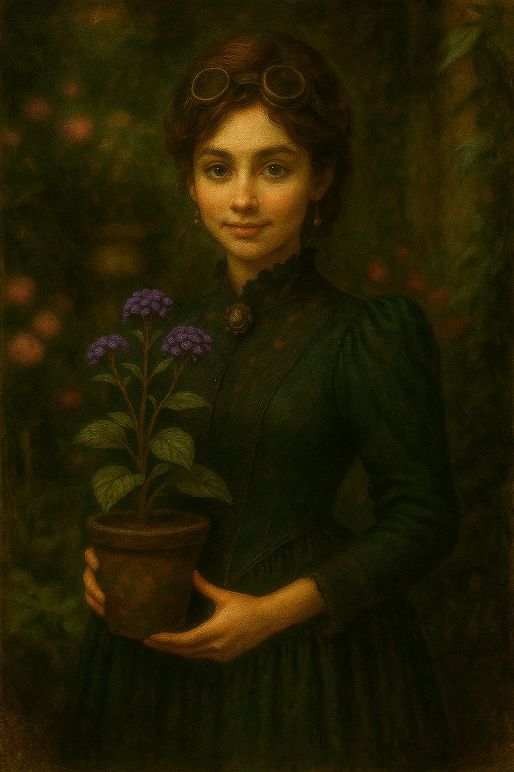 A woman in a dark dress holding a potted purple-flowered plant, standing against a blurred background.