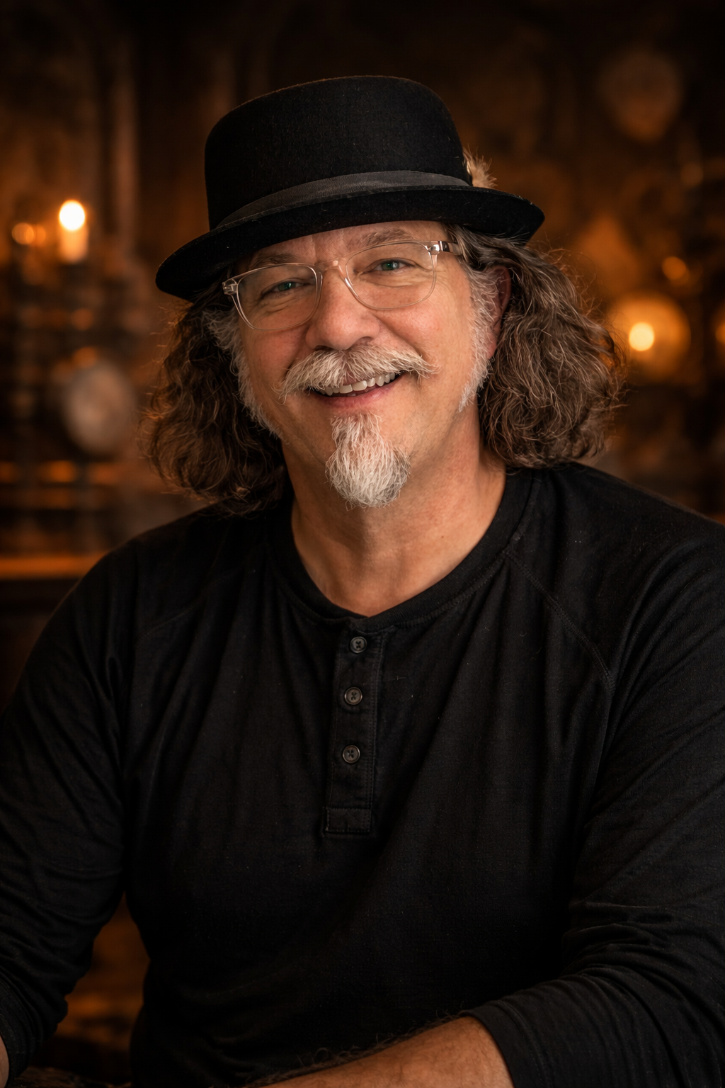 A smiling man with glasses, a gray beard, and long gray hair, wearing a black hat and black shirt, in a warmly lit room with candles and vintage decor in the background.