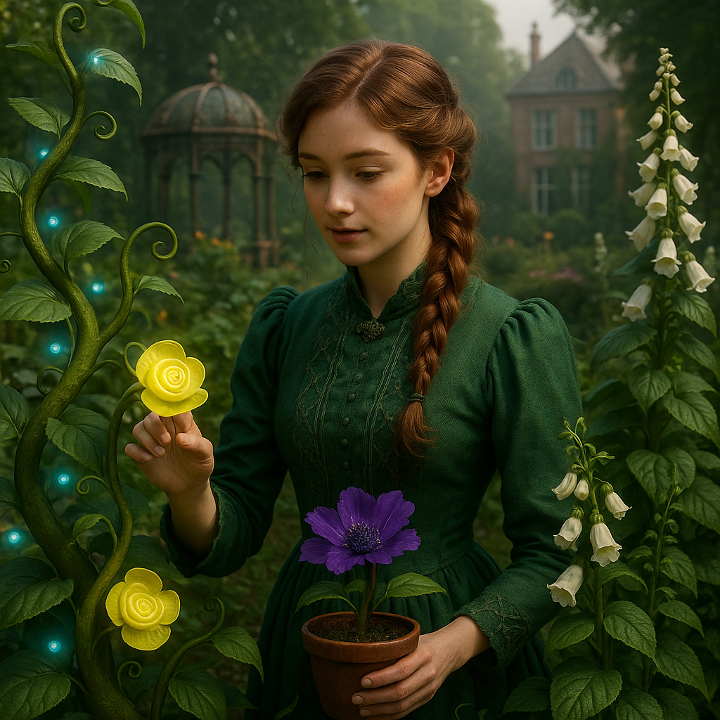 A young woman with red hair in a braid, dressed in a green dress, standing in a lush garden holding a purple flower in a terracotta pot and examining a yellow flower. There are green plants, glowing vine-like structures, and white bell-shaped flowers around her, with a large house and gazebo in the background.
