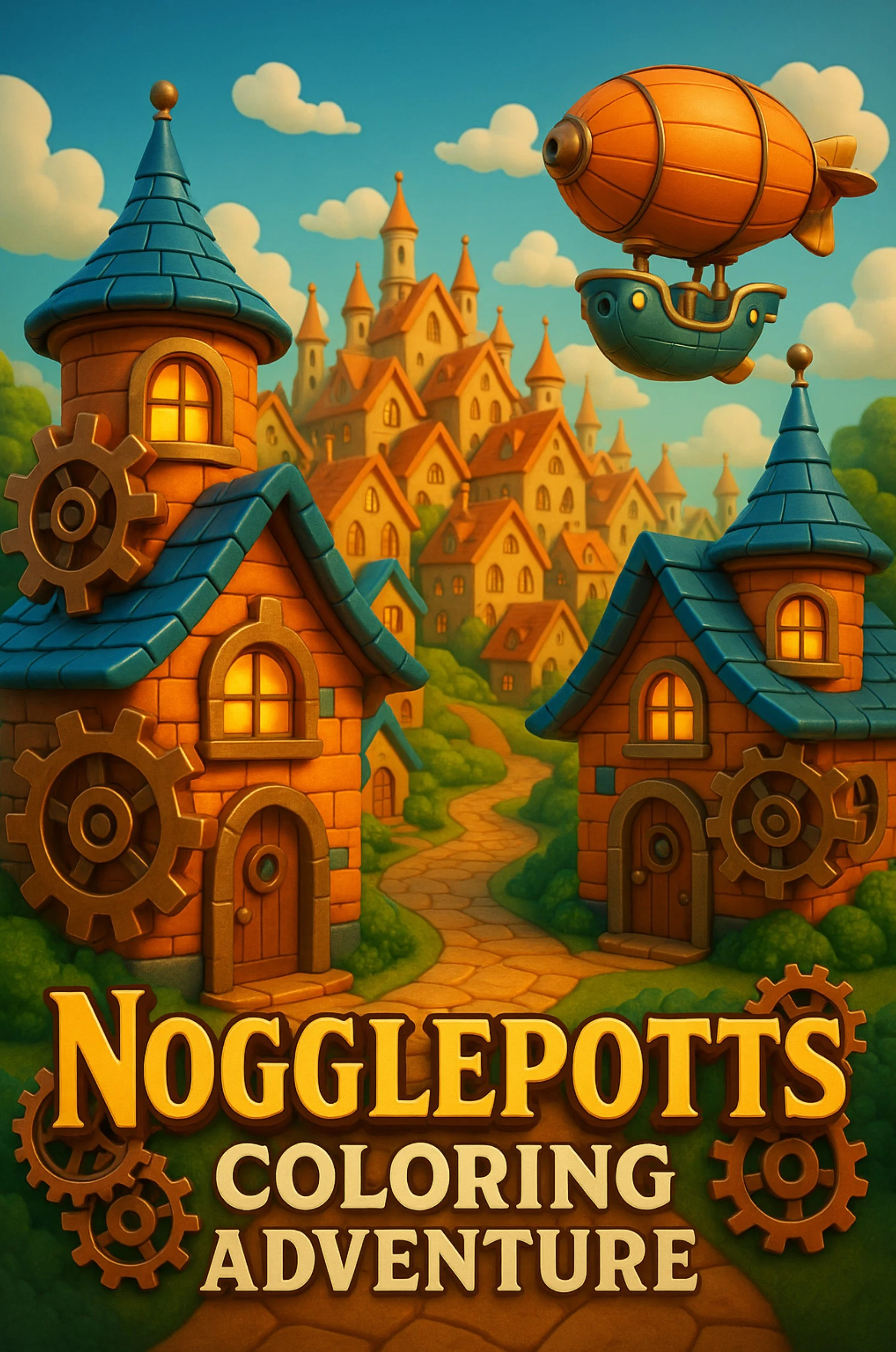 A colorful fantasy scene with a winding path leading through cartoon-style houses with orange roofs and blue accents, a flying steampunk-style airship resembling a fish, and a castle in the background under a sky with fluffy clouds. The image contains a title that reads "Nogglepotts Coloring Adventure."