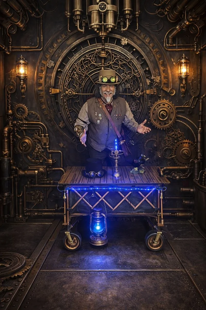 A man dressed in steampunk attire, wearing goggles with green lenses, standing in front of a large, intricate gear clock in a steampunk-themed room with brass pipes and gauges, smiling and gesturing with his hands.