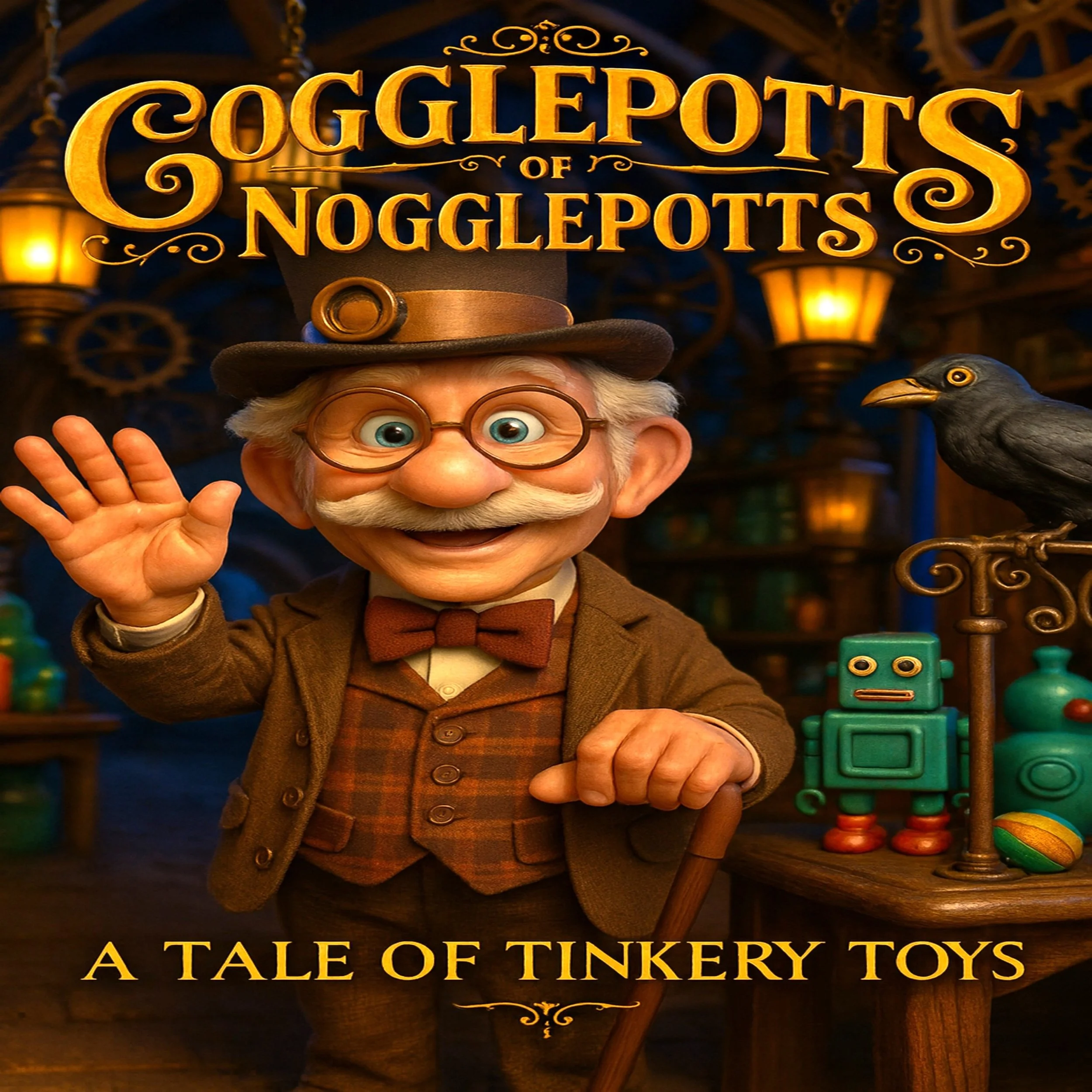 A puppet of an elderly man with glasses, a top hat, and a bow tie, smiling and waving, standing in a workshop with vintage toys and gear in the background, with the title 'Cogglepotts of Nogglepotts' and the subtitle 'A Tale of Tinkery Toys'.