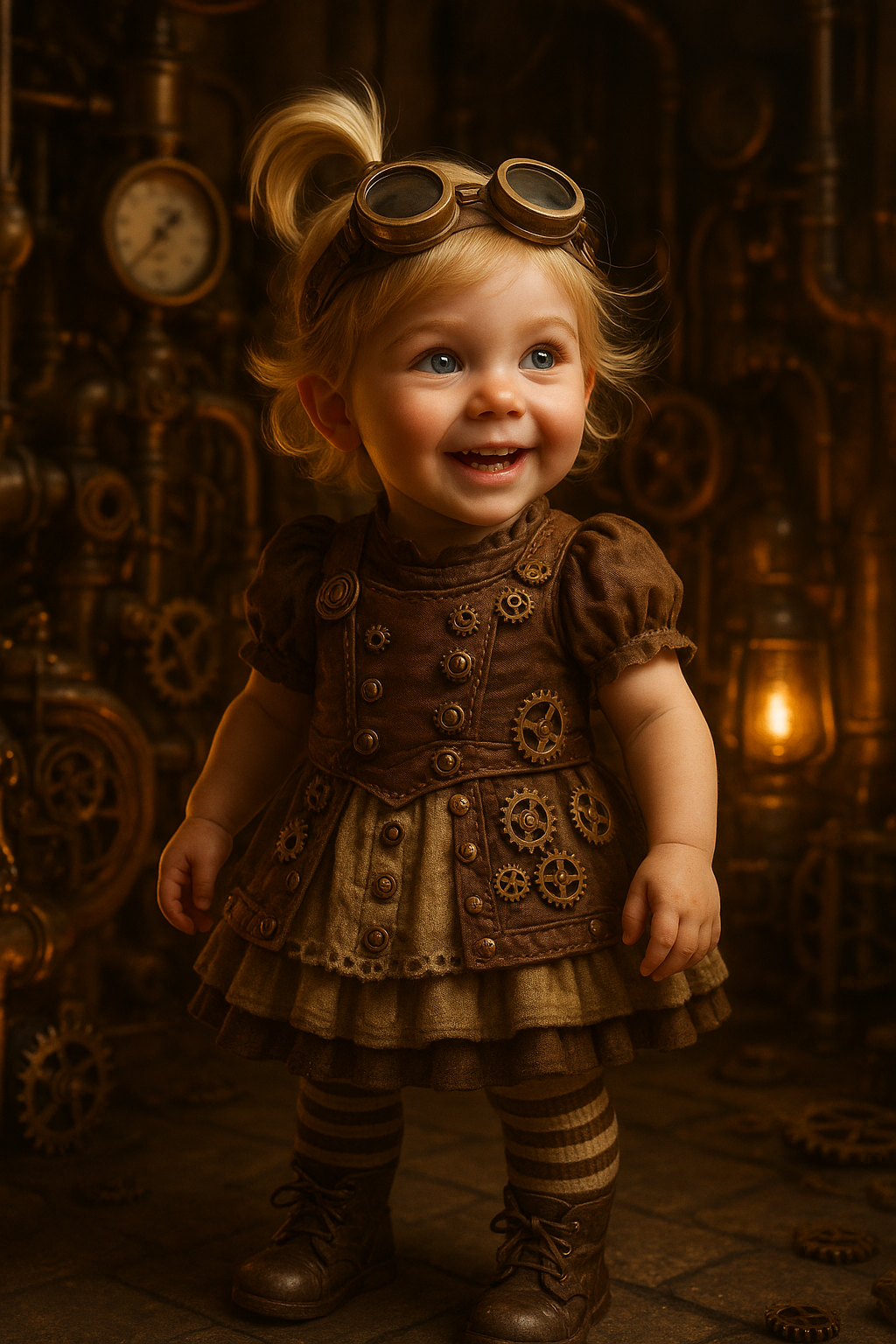 A young girl dressed in a steampunk costume with goggles on her head, surrounded by gears and pipes in a steampunk-themed setting.